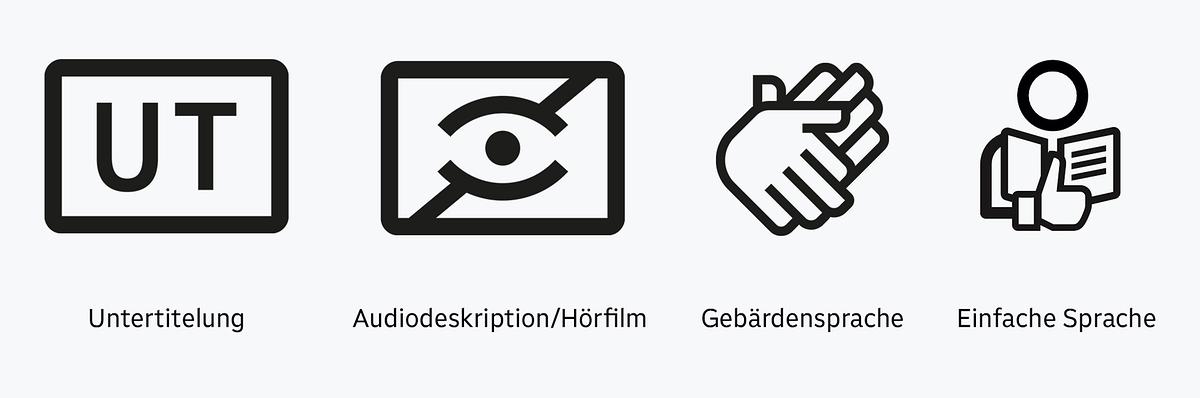 Symbole für Untertitelung, Audiodeskription bzw. Hörfilm, Gebärdensprache und einfache Sprache